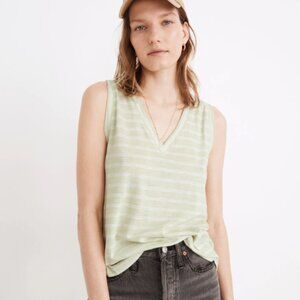 EUC Madewell Whisper Cotton V-Neck Tank Light Green Stripe, Sz XS